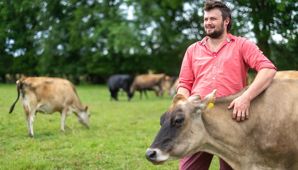 Sam Bullingham of Taw River Dairy Standing with Dairy Cow