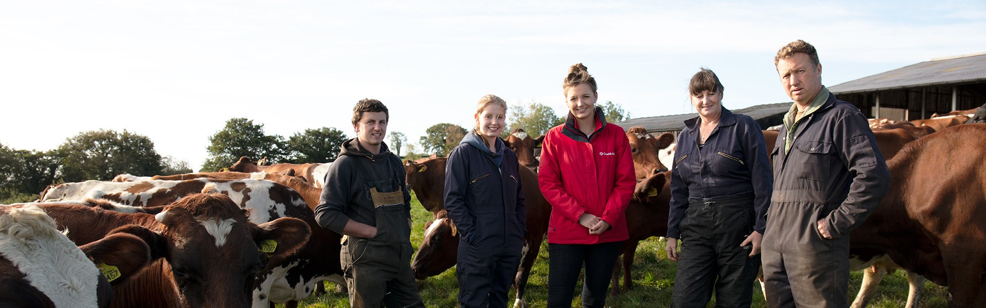 Generations of farmers in field with cows