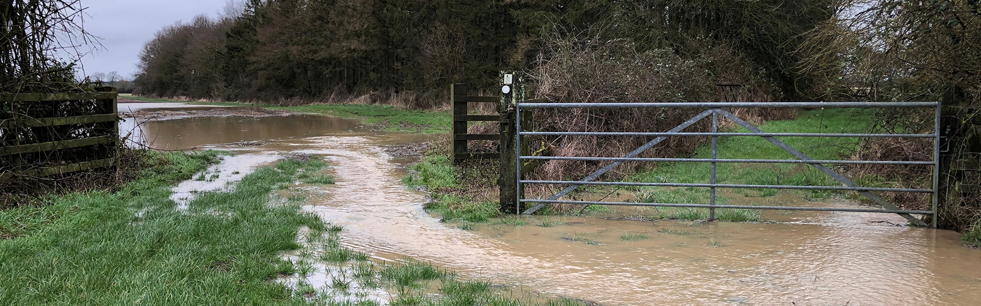 Farm flood surface water flowing past farm gate