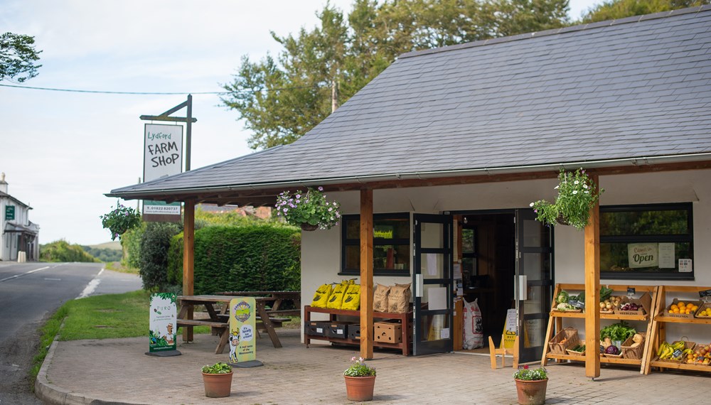 Lydford Farm Shop entrance and shop sign
